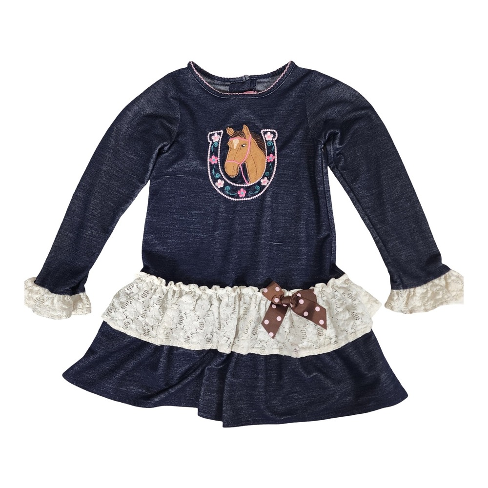 Good Lad Girls Navy Blue Denim Look Horse Embroidery Lace Ruffle Dress‎ Size 6